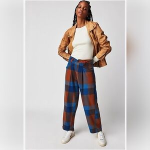 Free People Blue and Brown Plaid Straight Leg Pants